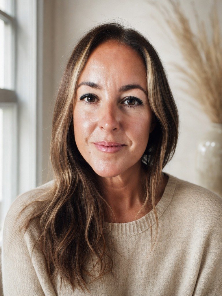 Krissy Sitar, smiling gently, in a cream sweater by a window.